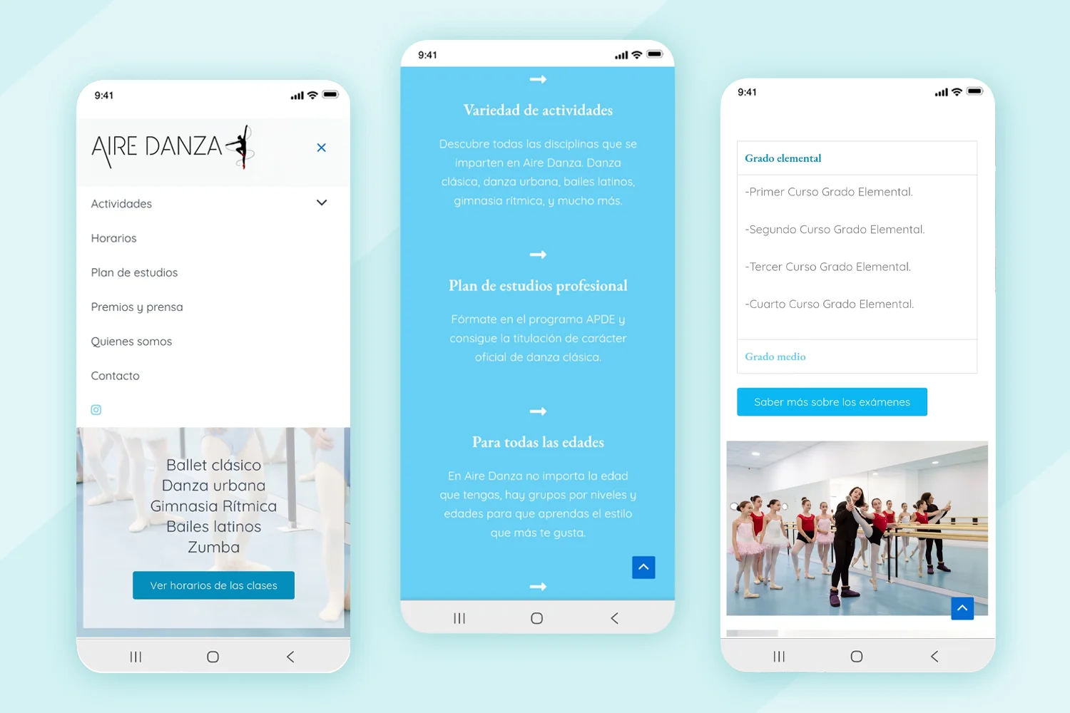 Mockup página web de escuela de danza versión móvil